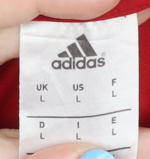 Brand and care label for Adidas Men's Red Football Jersey L