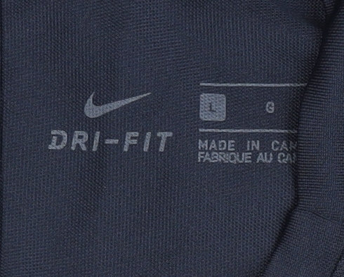 Brand and care label for Nike Men's Blue Jersey T-Shirt, size L