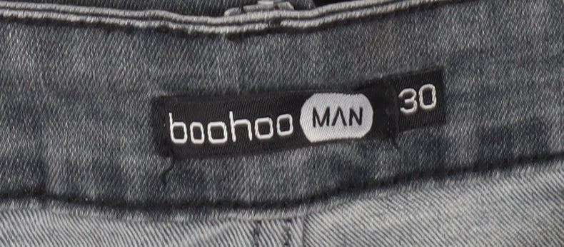 Brand and care label for boohooMAN Grey Slim Fit Jeans for Men, size 30