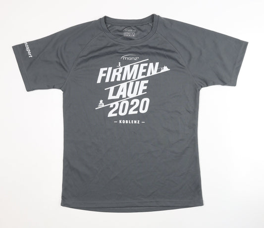 Additional front view of Munz Men's Grey Running T-Shirt, size M, Crew Neck