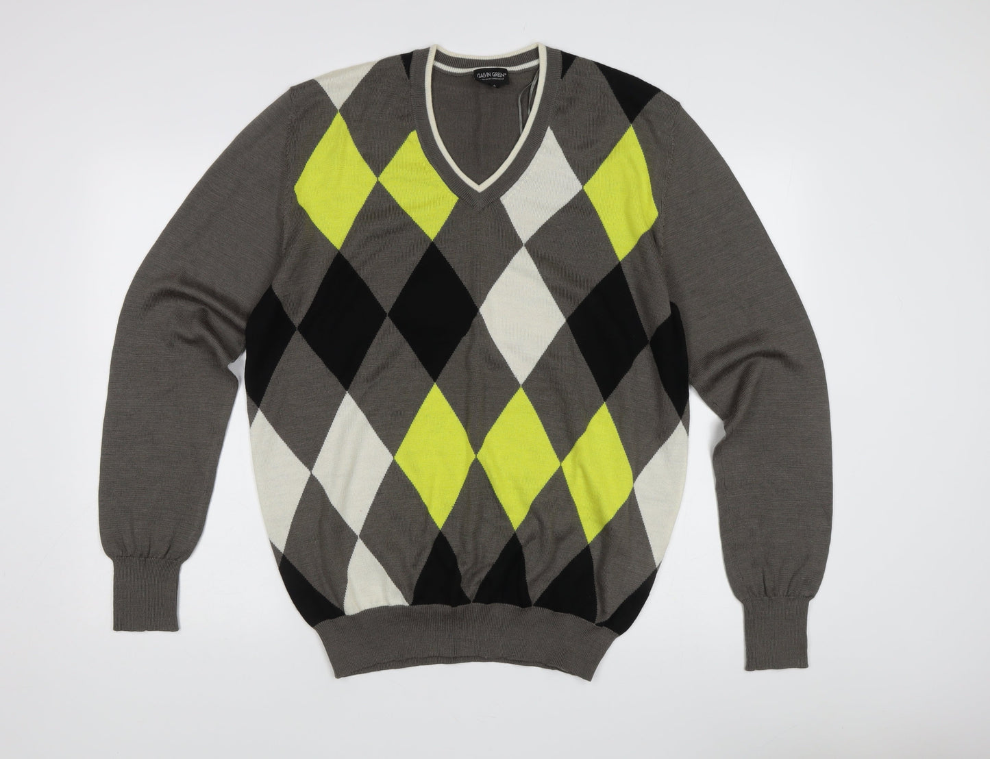 Galvin Green Mens XL Grey Argyle V-Neck Pullover Jumper