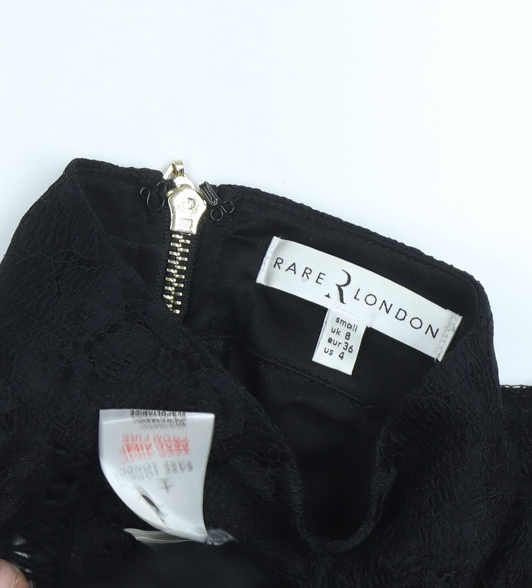 Close-up detail of Rare London Women's Black, size 8, Bodycon Lace Dress