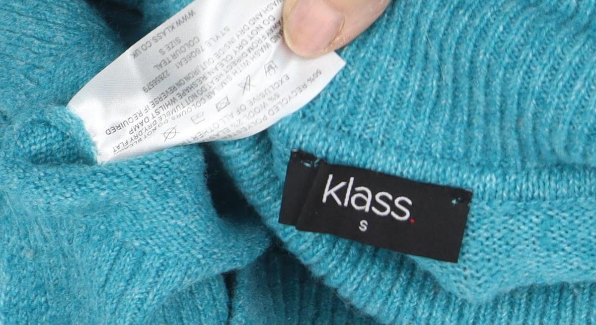 Close-up detail of Klass Women's Blue Roll Neck jumper, size S