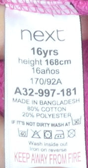 Close-up detail of Next girls’ pink hoodie 16 years long sleeve casual wear