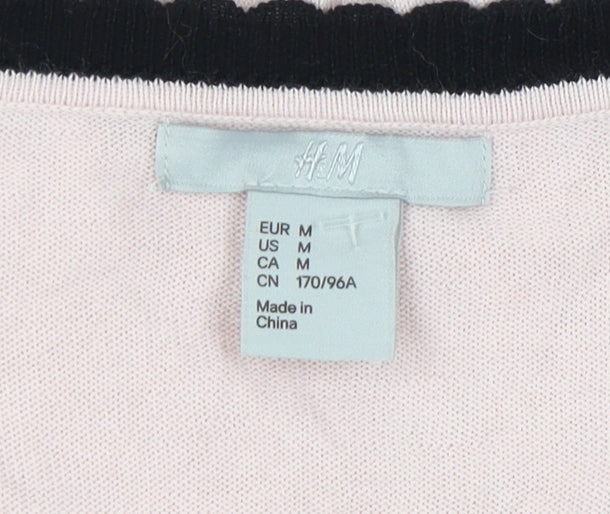 Brand and care label for H&M Women's Pink Cardigan, size 12, Scoop Neck