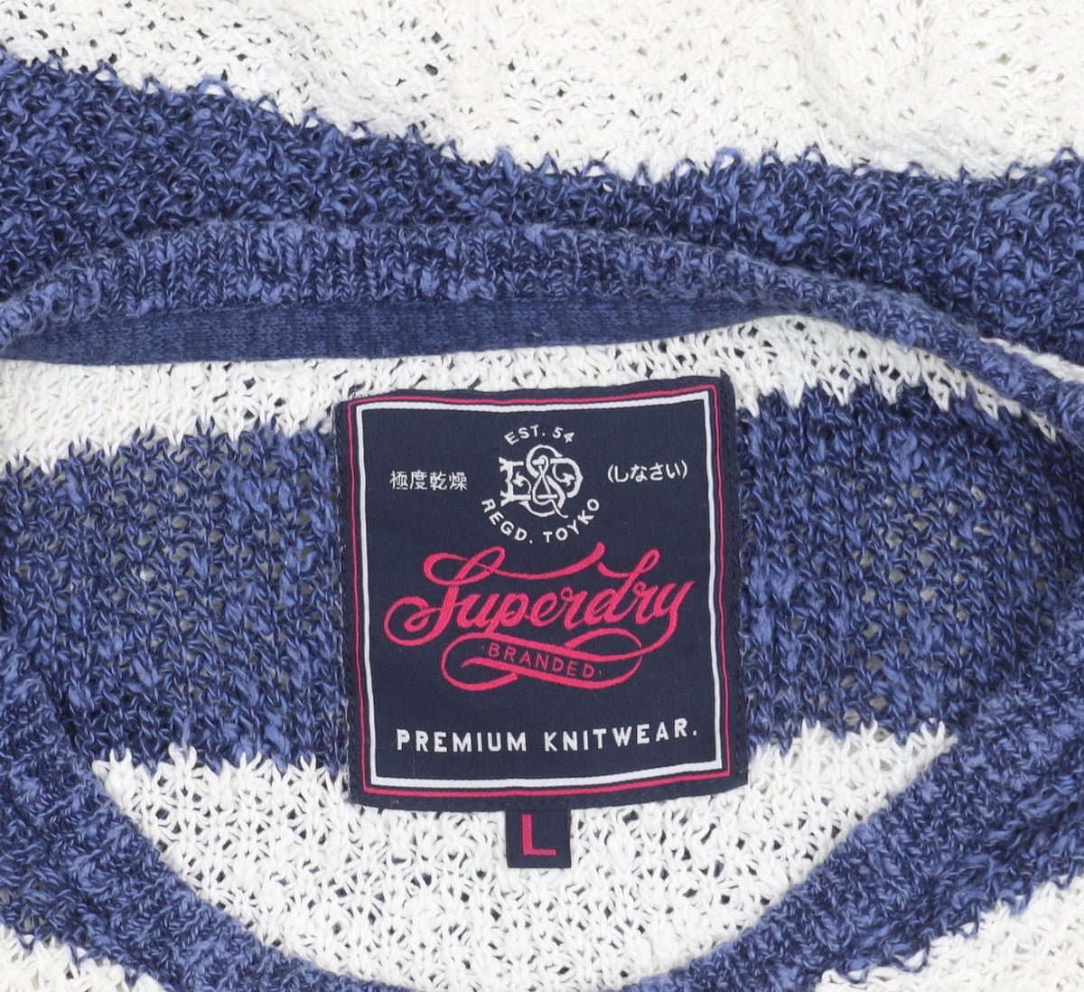 Brand and care label for Superdry Women's Striped Jumper L Blue Knit Pullover