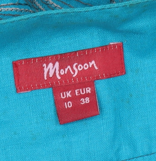 Brand and care label for Monsoon Women's Blue A-Line Skirt, size 10, Embroidered