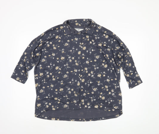 FatFace Women's Blue Floral Button-Up 3/4 Sleeve Top