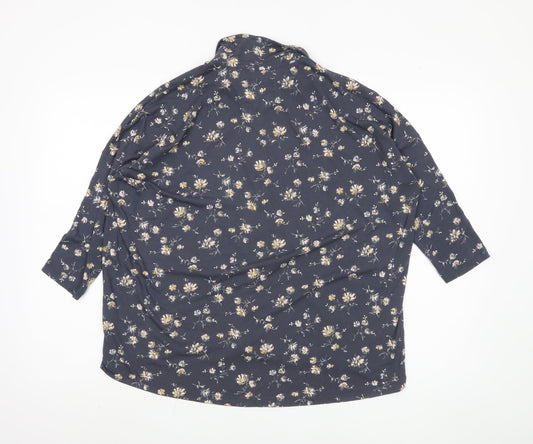 Fat Face Women's Blue Floral Button-Up 3/4 Sleeve Top