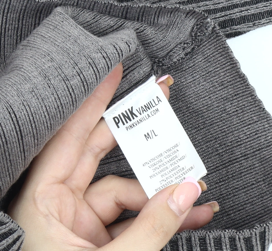 Brand and care label for Pink Vanilla Women's Grey Cowl Neck Striped Jumper M