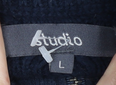 Brand and care label for 4studio Men's Blue Cable-Knit 1/2 Zip Jumper L
