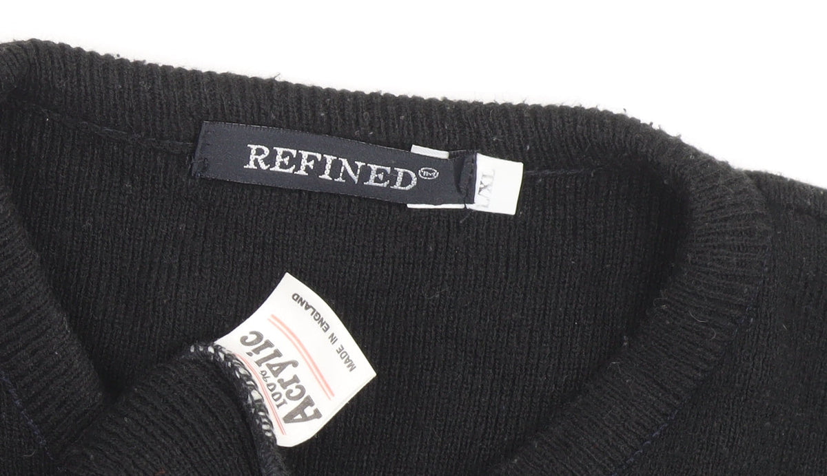 Brand and care label for REFINED Men's Black Acrylic V-Neck Pullover XL