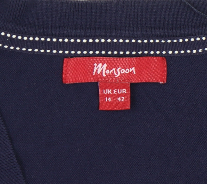 Brand and care label for Monsoon Women's Blue Cardigan, size 14, Cotton Blend