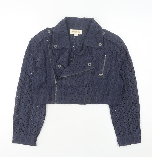 Diesel Women's Blue Lace Cropped Biker Jacket XS