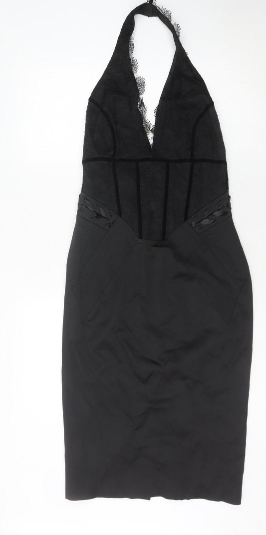 Karen Millen Women's Black Knee Length Halter Bodycon Dress Size 12