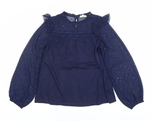 Fat Face Women's Blue Ruffle Sheer Sleeve Star Blouse Size 8