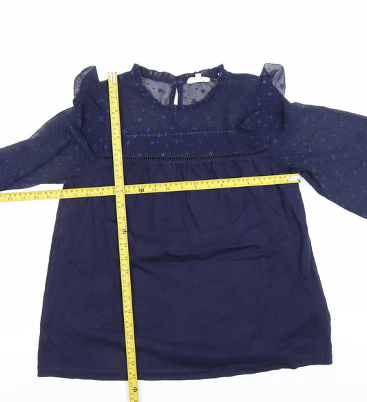 Fat Face Women's Blue Ruffle Sheer Sleeve Star Blouse Size 8