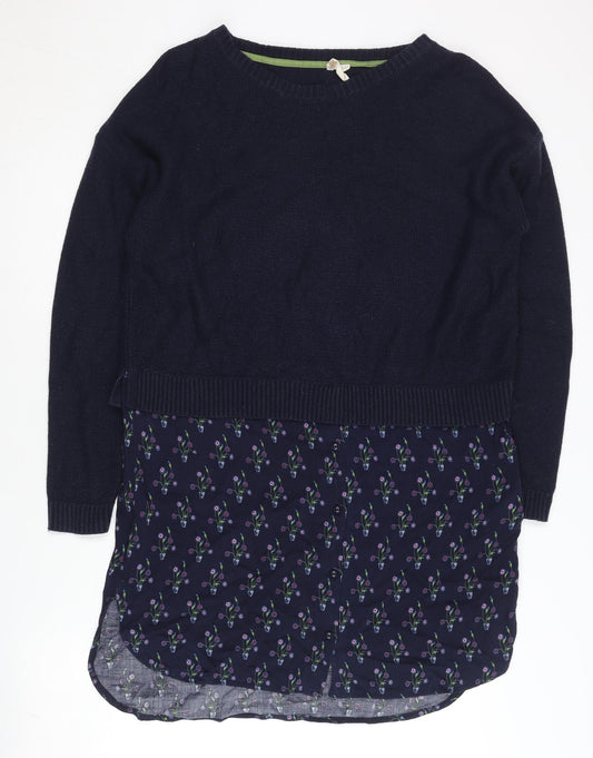 White Stuff Women's Blue Floral Layered Hem Long Sleeve Jumper Size 12