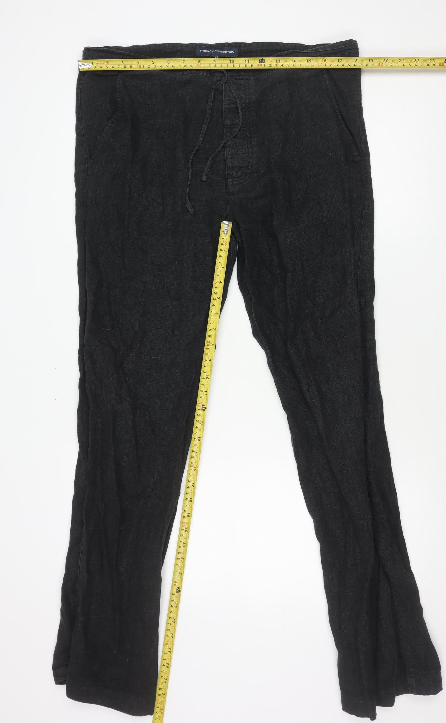 French Connection Men's Black Linen Straight Leg Trousers Size 28