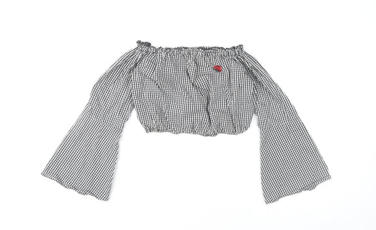 Pull&Bear Women's Black Check Cropped Blouse XS Off Shoulder Bell Sleeve