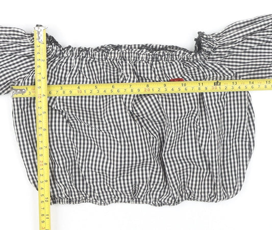 Pull&Bear Women's Black Check Cropped Blouse XS Off Shoulder Bell Sleeve