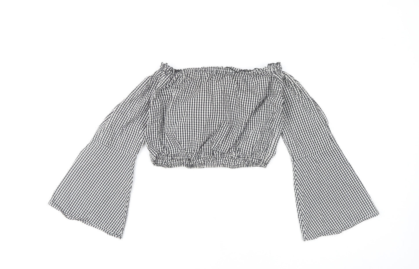 Pull&Bear Women's Black Check Cropped Blouse XS Off Shoulder Bell Sleeve