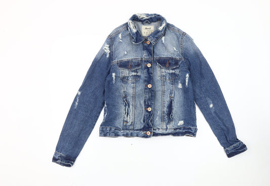 Denim Co. Women's Blue Size 10 Basic Distressed Denim Jacket