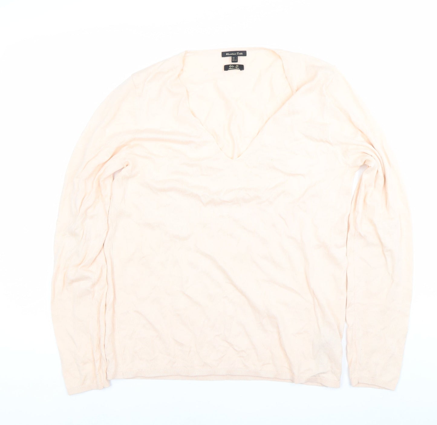 Massimo Dutti Women's Beige V-Neck Cotton Silk Jumper Size 12