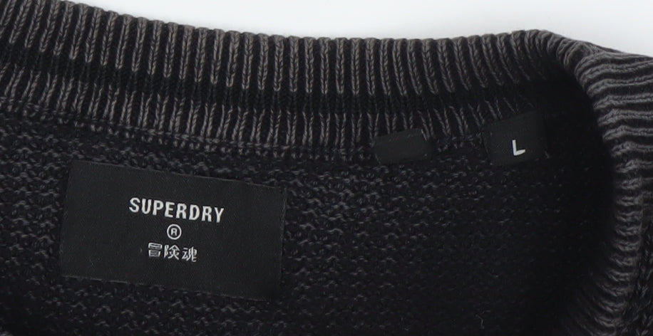 Superdry Men’s Black Waffle-Knit Cotton Crew Neck Jumper L