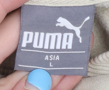 Puma Men's Beige Pullover Hoodie M Logo Sportswear Cotton Blend