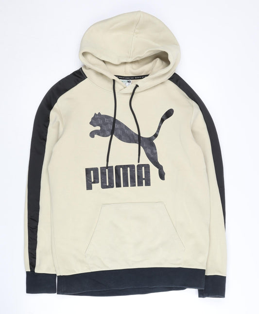Puma Men’s Beige Pullover Hoodie Small Logo Sports Kangaroo Pocket