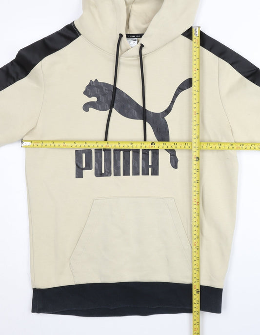 Puma Men’s Beige Pullover Hoodie Small Logo Sports Kangaroo Pocket