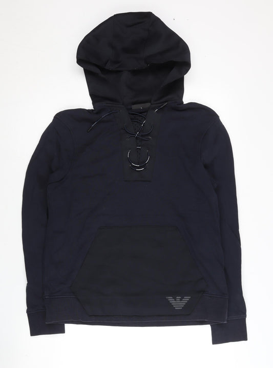 Emporio Armani Men's Black Small Henley Hoodie Lace Up Logo