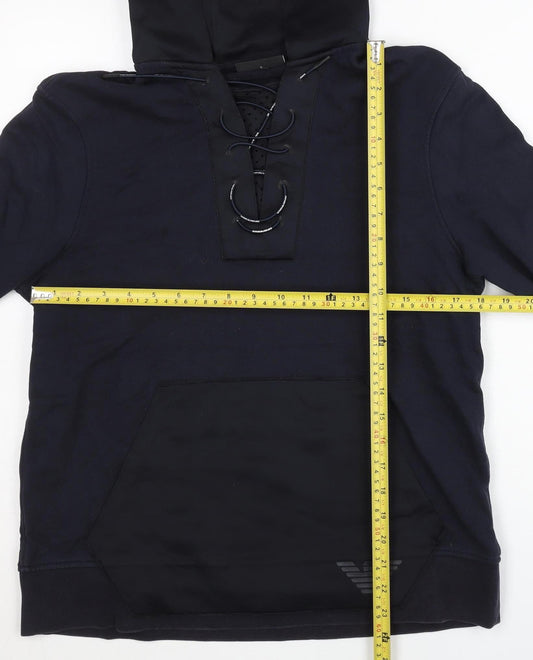 Emporio Armani Men's Black Small Henley Hoodie Lace Up Logo