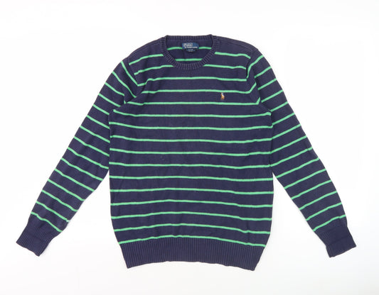 Ralph Lauren Women's Blue Striped Cotton Crew Neck Jumper Size 20