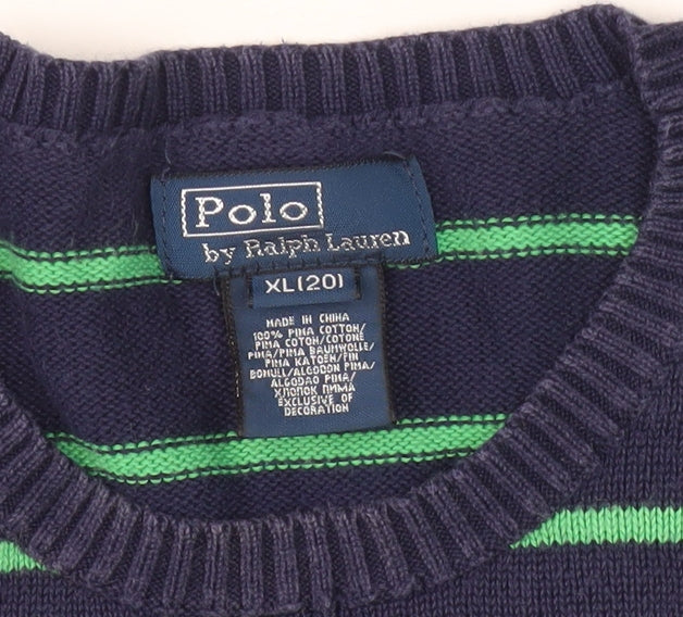 Ralph Lauren Women's Blue Striped Cotton Crew Neck Jumper Size 20