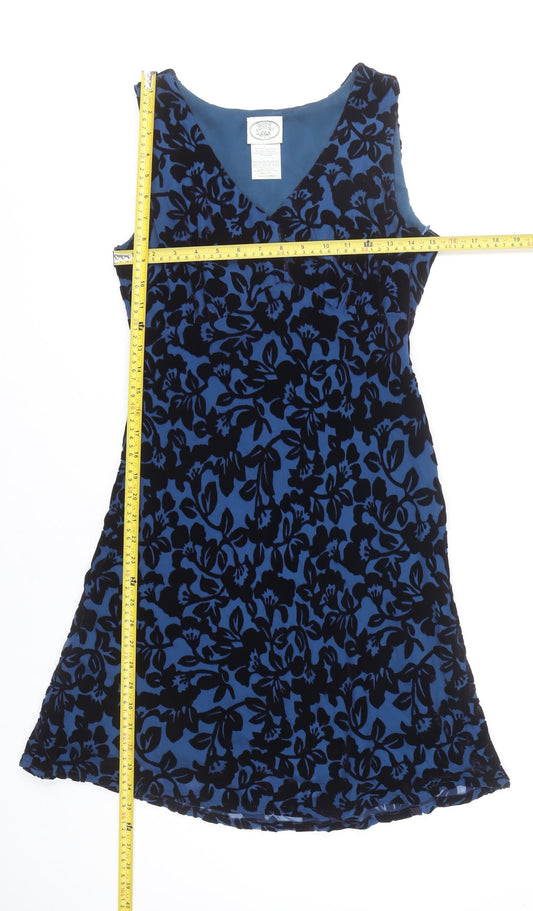 Laura Ashley Women Blue Floral Velvet A-Line Knee Length Dress UK 10