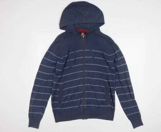 Quiksilver Men's Blue Striped Cotton Hooded Zip Jacket M