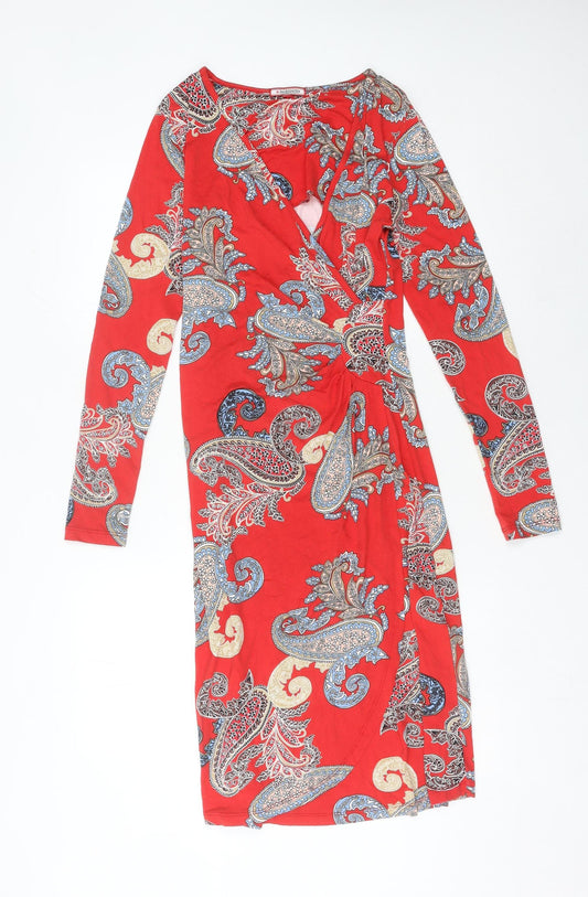 Joe Browns Women’s Red Paisley Bodycon Dress Size 8 V-Neck Boho Knee Length