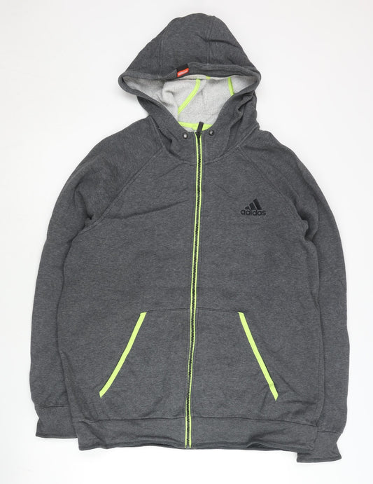 Adidas Men’s Grey Full Zip Hoodie L Fleece Logo Pockets Sportswear