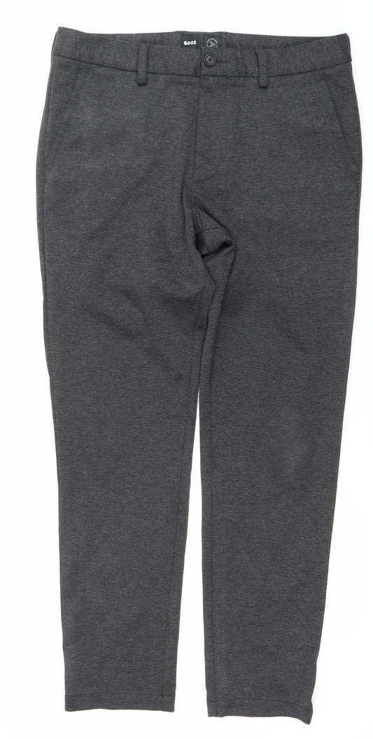 BOSS Men's Grey Slim Fit Herringbone Trousers 32W 32L