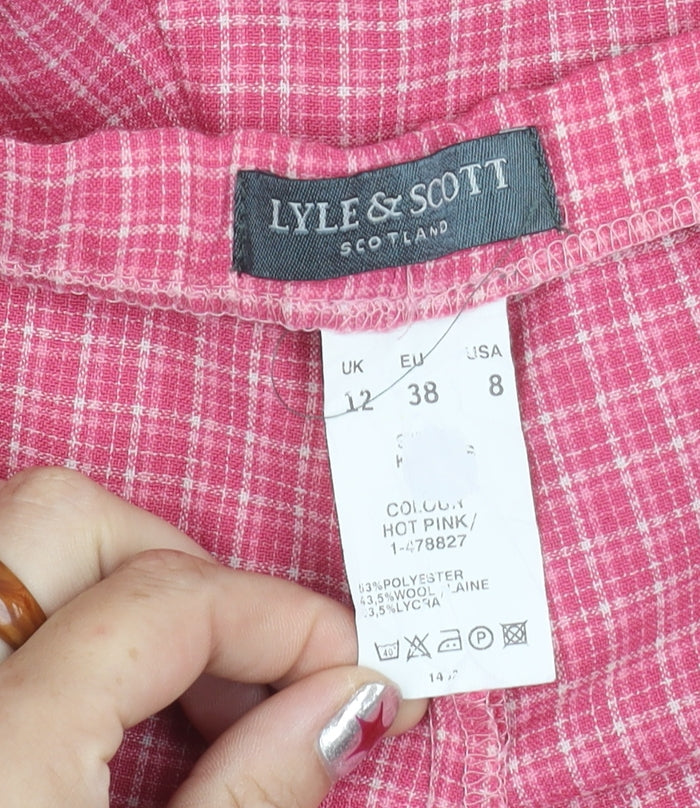 Lyle & Scott Women's Pink Check Wool Blend Straight Leg Trousers UK 12