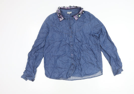 Oliver Bonas Womens Blue Chambray Beaded Collar Button-Up Shirt Size 10