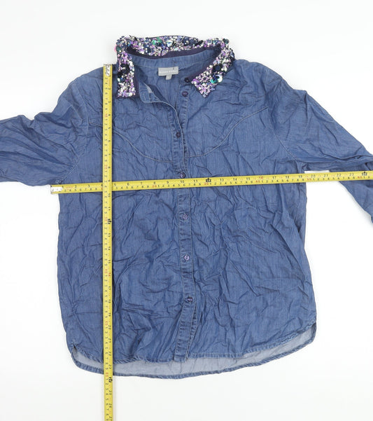 Oliver Bonas Womens Blue Chambray Beaded Collar Button-Up Shirt Size 10