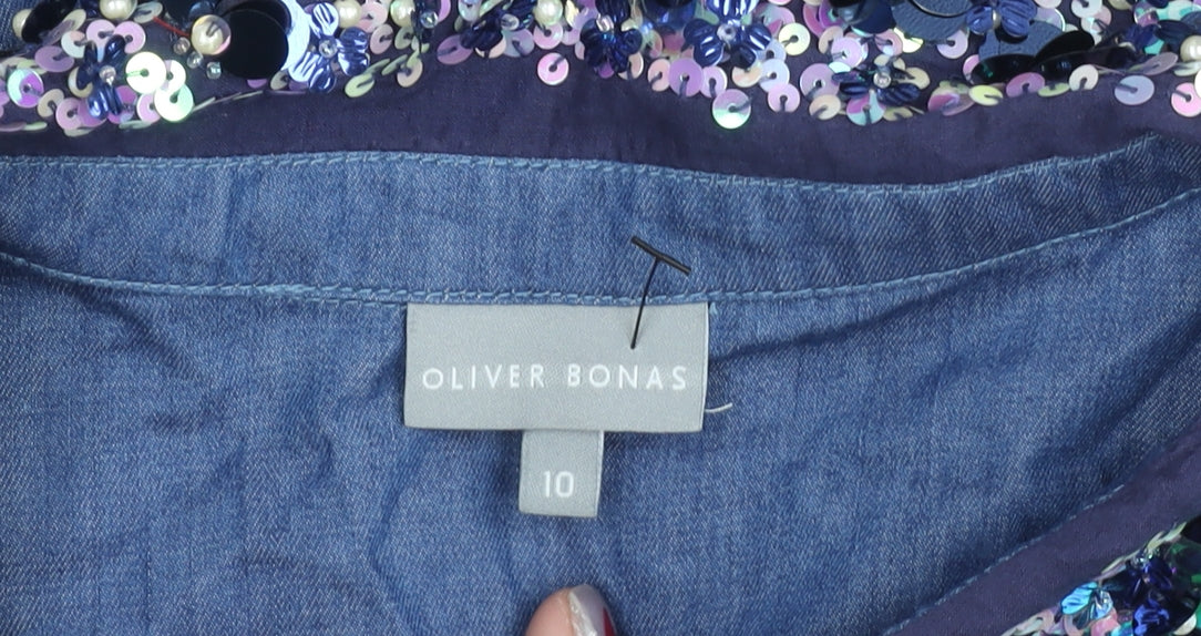 Oliver Bonas Womens Blue Chambray Beaded Collar Button-Up Shirt Size 10