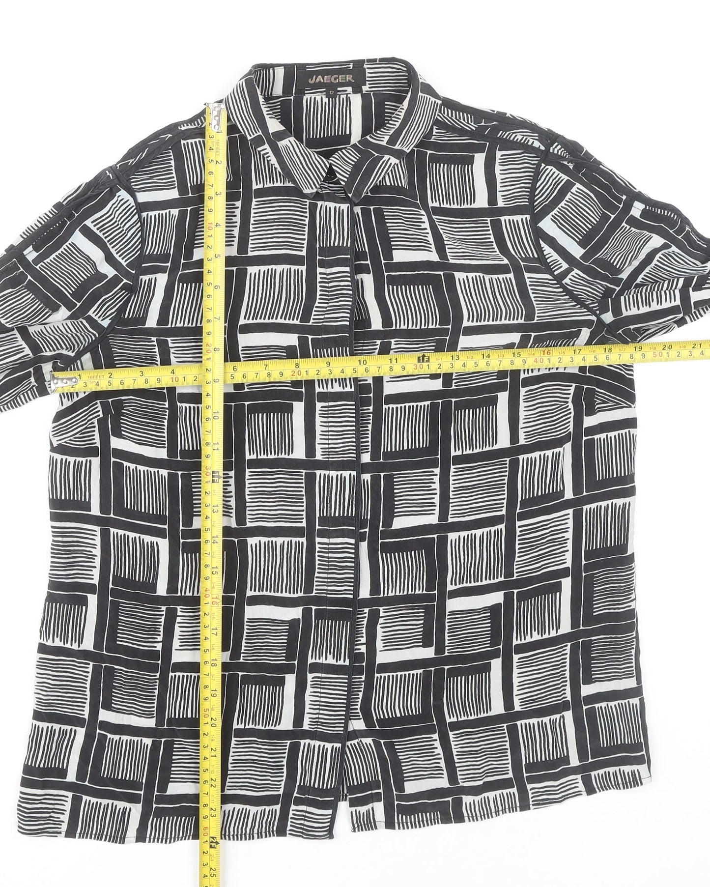 Jaeger Women’s Black Geometric Silk Button-Up Shirt UK12