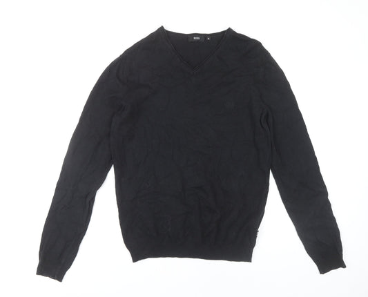 Hugo Boss Men's Black V-Neck Knit Jumper M Cotton Wool Business Casual