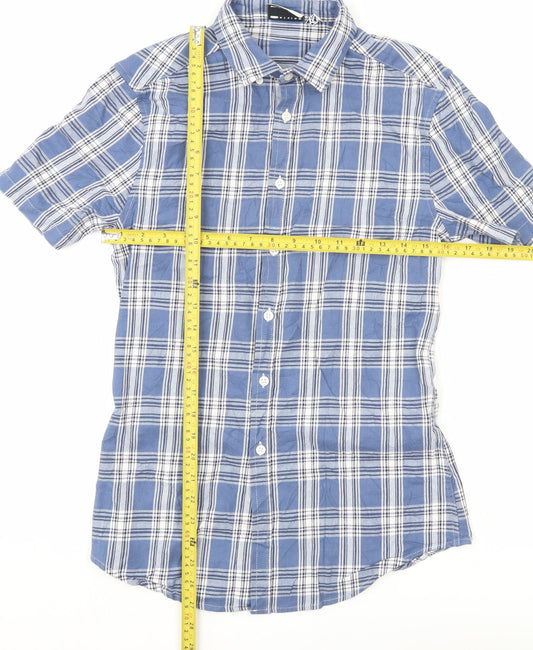 ASOS DESIGN Men's Blue Check Woven Short Sleeve 2XS Button-Up Shirt