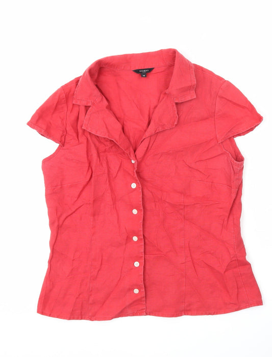 Hobbs Women’s Red Linen Collared Short Sleeve Button-Up Shirt Size 14