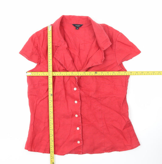 Hobbs Women’s Red Linen Collared Short Sleeve Button-Up Shirt Size 14